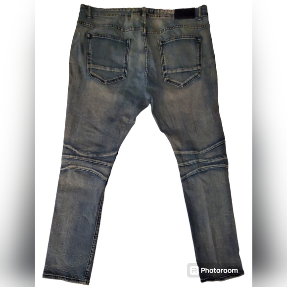 True Luck Jeans Mens 36x32 Blue Designer Moto Denim Worn Look Motorcycle Style - Picture 2 of 10